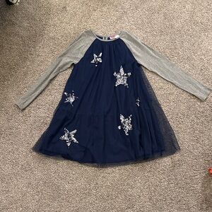 Boden Navy Gray Sequin Stars Long Sleeve Dress with tulle size 8-9 years